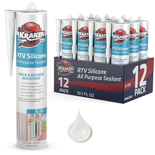 Kraken Bond Transculent Silicone Sealant Waterproof%100-10 fl oz Cartridge, RTV Silicone Caulk Kitchen and Bathroom, All Purpose, Window Caulking Sealant Outdoor, RV, Exterior Use Silicon - 12 Pack