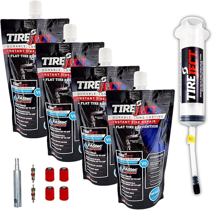 TireJect Off-Road Tubeless Tire Sealant Kit: Fix a Flat Tire & Prevent Flat Tires, Seal Punctures Leaks Dry Rot Thorns Nails Screws, tire Repair Slime, Puncture tire Sealer (40oz, 4-Tire Value Pack)