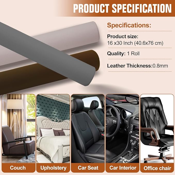 ILOFRI 16x30'' Self Adhesive Leather Repair Patch Tape, Vinyl and Leather Repair Kit for Couches, Furniture, Car Seat, Boat Seat, Sofa, Vinyl Upholstery, Chair, Interior (Dark Black)