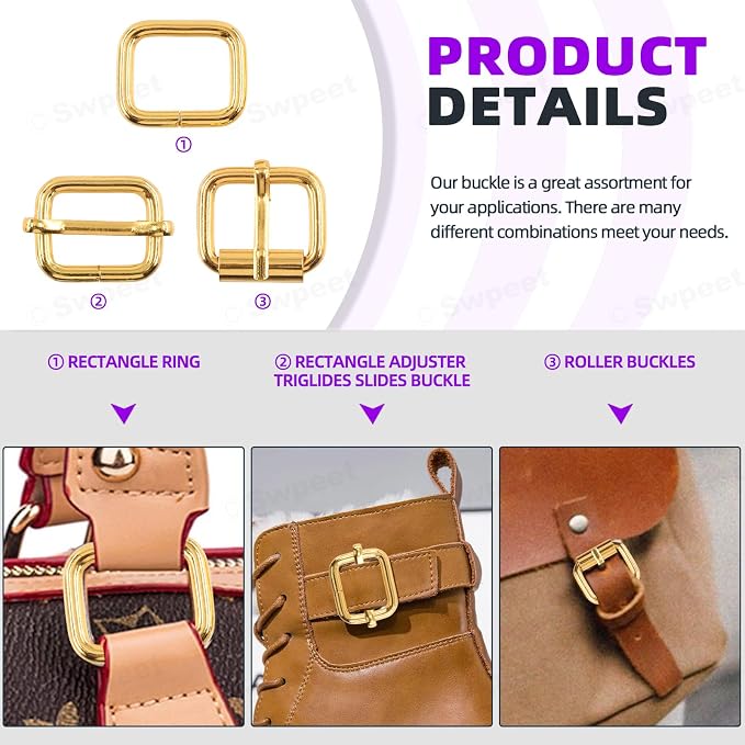 Swpeet 5 Style Metal Buckles - Adjustable Slide, D Ring, Circular Ring