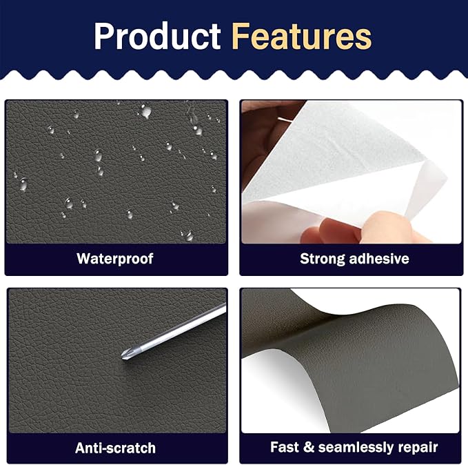 Zenyao Leather Repair Patch Tape - Self Adhesive Leather Repair Kit for Car Seat Furniture, Heavy Duty Vinyl Repair Patch for Couch Sofa, Waterproof Fix for Tears, 16x60 Inch Roll, Dark Grey