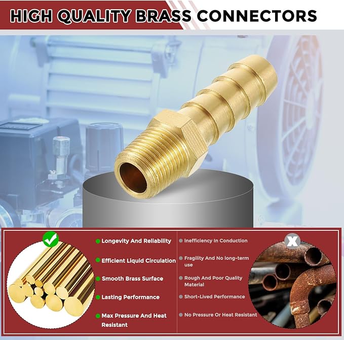Pack of 8 Brass Hose Barb Fittings Adapter Connector 3/8" Hose Barb to 1/8" NPT Male Fittings for Home Machines, Massage Bathtubs, and Irrigation Systems