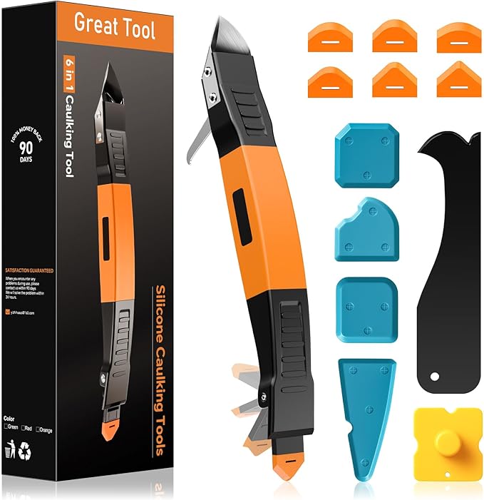 6 in 1 Silicone Caulking Tool Kit with Caulk Grout Remover Tool Sealant Finishing & Smoothing Tool, Grout Scraper, 6 Reusable Pads and Adhesive Residue Scraper for Kitchen Bathroom Tile Sink (Orange)
