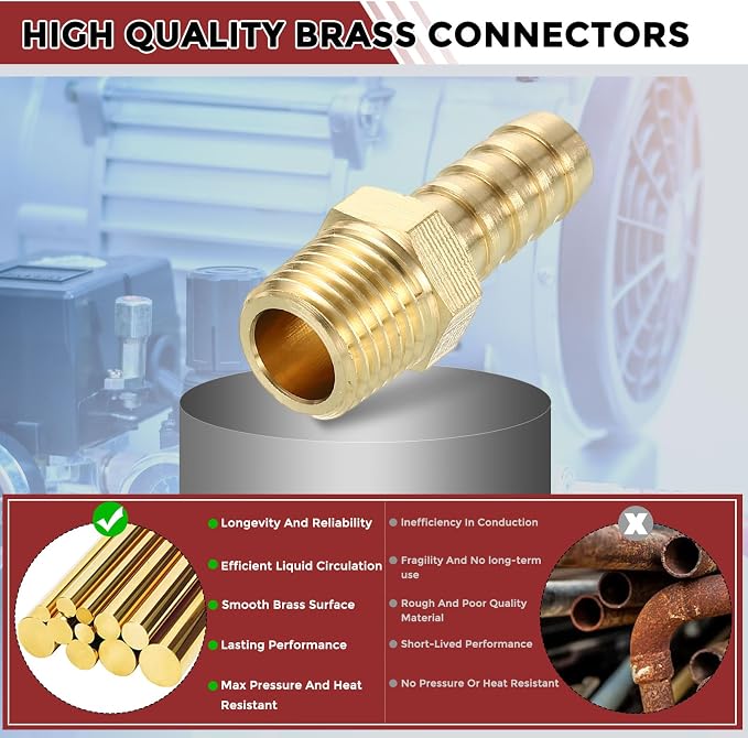 Pack of 6 Brass Hose Barb Fittings 3/8" Hose Barb to 1/4" NPT Male Fittings with 6pcs Stainless Steel Hose Clamps for Home Machines, Massage Bathtubs, and Irrigation Systems