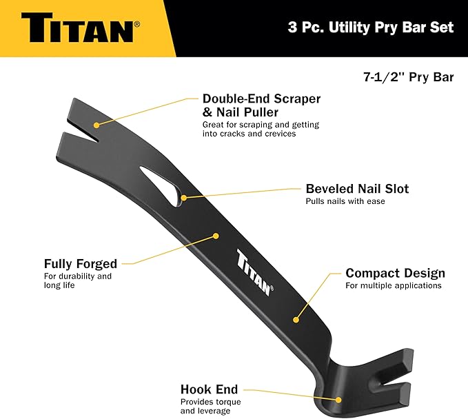 Titan 17121 3-Piece Flat Pry Bar set, 5.5", 7.5" & 9.5"Utility Claw Bars with Nail Puller, Forged Steel Wonder Bar