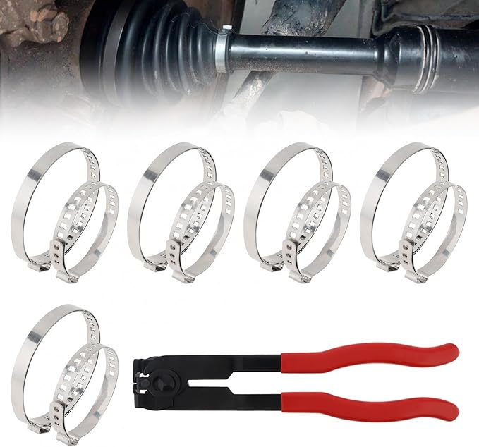 CV Boot Clamp Pliers with 10PCS Stainless Steel Crimp Bands, 5PCS Small and 5PCS Large Universal Adjustable Drive Shaft Joint Boot Crimp Clamps, Boots Clamp Tool Repair for Most Cars