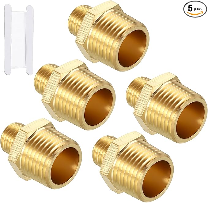 Pack of 5, 1/2" MNPT To 1/4" MNPT Solid Brass Hex Nipple Hose Connectors W/Sealing Tapes, Male Pipe Adapter for Pipe Leak Repair, Bathroom Remodeling, Tool Extension, Compression