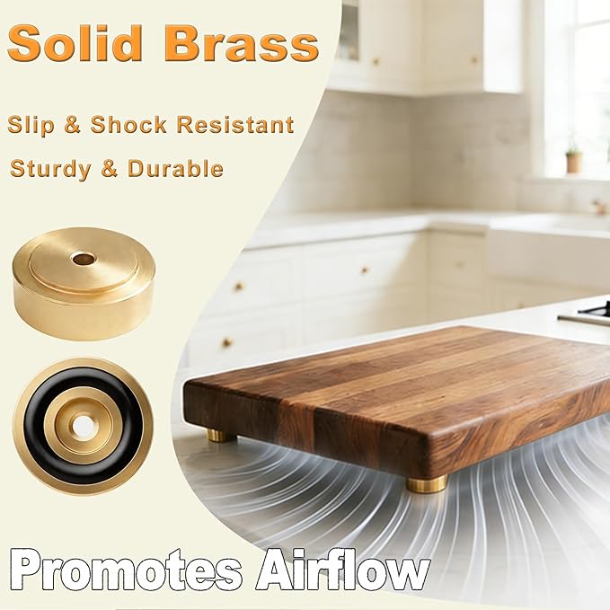 Solid Brass Cutting Board Feet, 4 Pcs with Non-Slip Pads & Screws – for Secure Grip and Surface Protection on Butcher Block, Kitchen Island, Table, Cabinet (0.8X0.31 in)