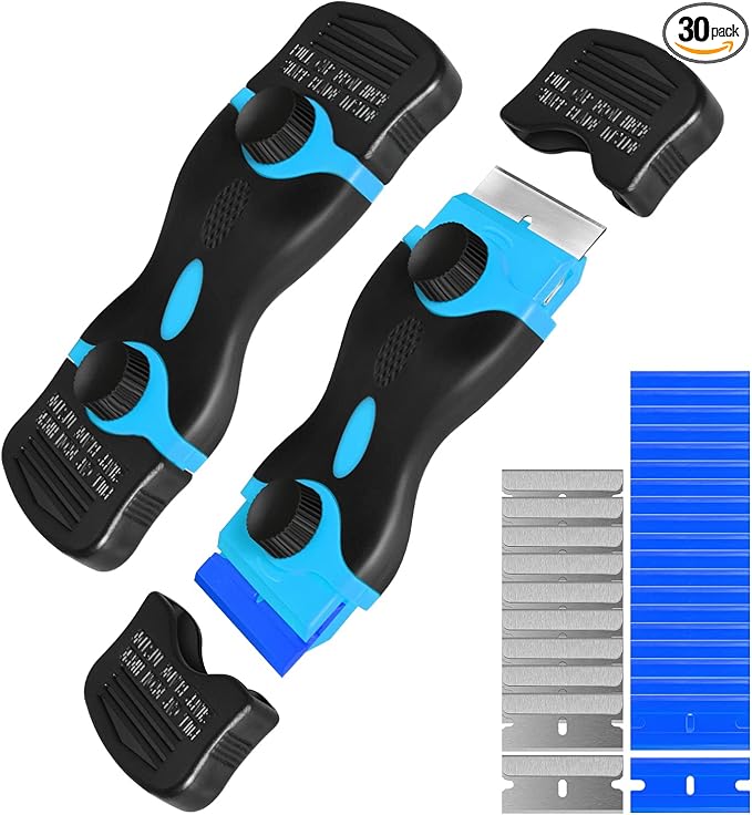 Razor Blade Scraper, Double Edge Razor Scraper Remover Tool with 30 Pcs Razor Blades for Labels Stickers Decals Removal Auto Window Tint Vinyl Tool Application (Blue)