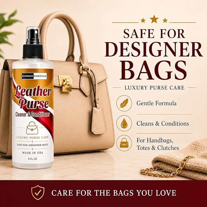 Leather Purse Cleaner & Conditioner (8oz) – High End 3-in-1 Spray for Purses, Designer Bags & Luxury Handbags – Cleans, Conditions, Deodorizes & Restores Finished Leather - Made in USA