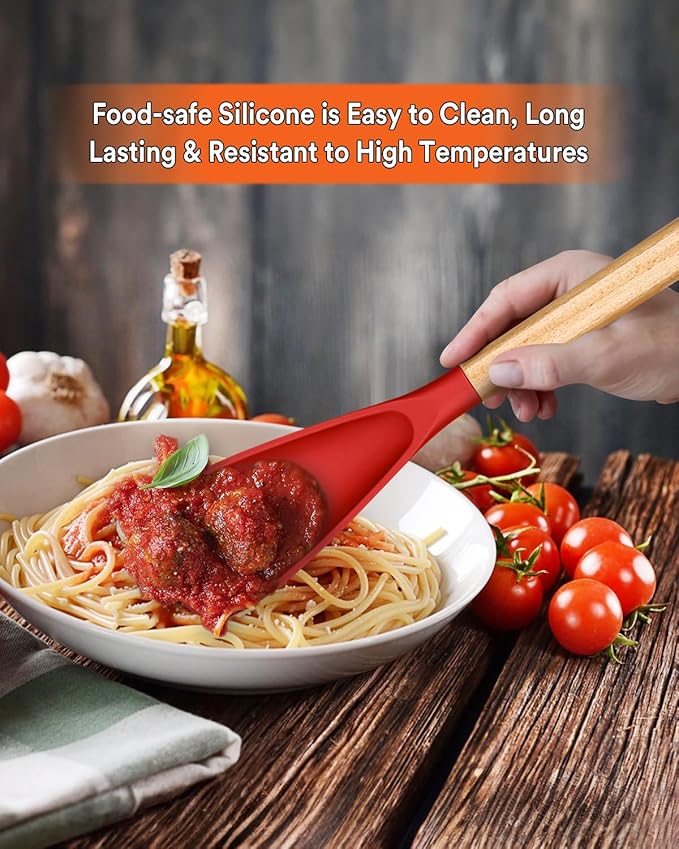 Cooking Spoon for Nonstick Cookwares, Great for Cooking and Serving Sturdy BPA-Free Matte Silicone, Wood Handle Spoon for Mixing, Scoop, and Scrape (Black & Red, 13.4 inch)