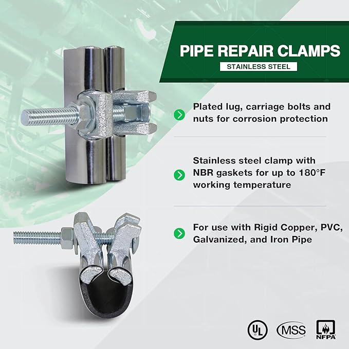 Highcraft Pipe Repair Clamp 2-1/2'', IPS Single Bolt, 3” Long, Stainless Steel (5 Pack)
