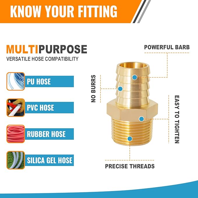 SUNGATOR 12-Pack 1/2'' Air Hose Fittings, Brass Hose Barb Fittings, 1/2 Inch NPT Male Pipe to 1/2'' Barb End Aadapter, Brass 1/2'' Air Line Repair Kit for Compressor, Gas, Auto Shop