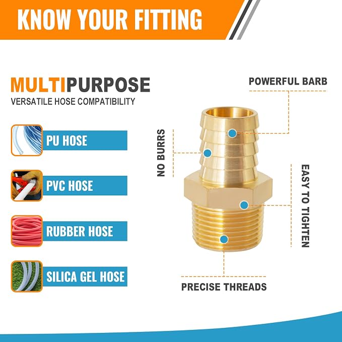 SUNGATOR Hose Barb Fittings 3/4 Inch Barb × 1/2 Inch NPT, Brass Air Hose Fittings, 3/4" to 1/2" NPT Male Air Line Repair Connector Kit, Brass Male Thread Pipe Adapter (2 Pack)