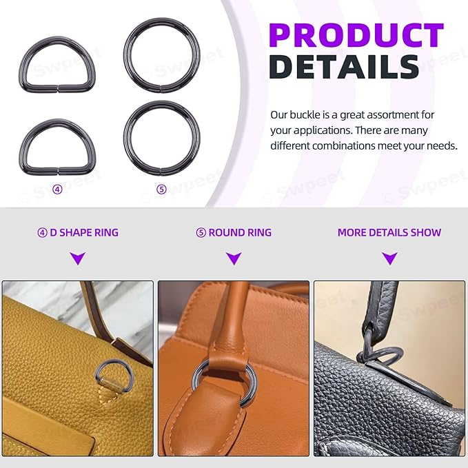 Swpeet 5 Style Metal Buckles - Adjustable Slide, D Ring, Circular Ring