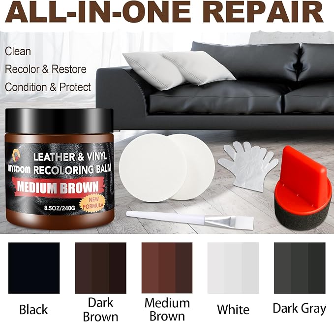 Leather Recoloring Balm, Leather Repair Kit, Leather Dye, Leather Color Restorer, Leather Scratch Remover, Leather Couch Paint, Repair, Leather Scratch Repair, Leather Restorer(Medium Brown)