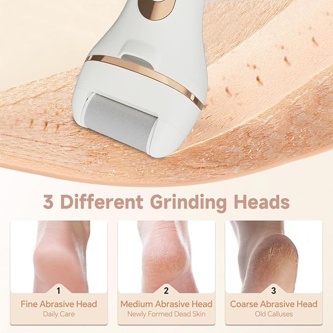 Electric Foot Callus Remover Rechargeable Pedicure Kit with 3 Roller Heads 2 Speed IPX6 Waterproof Foot File Pedicure Tools Professional Foot Care for Dead Cracked Dry Skin White