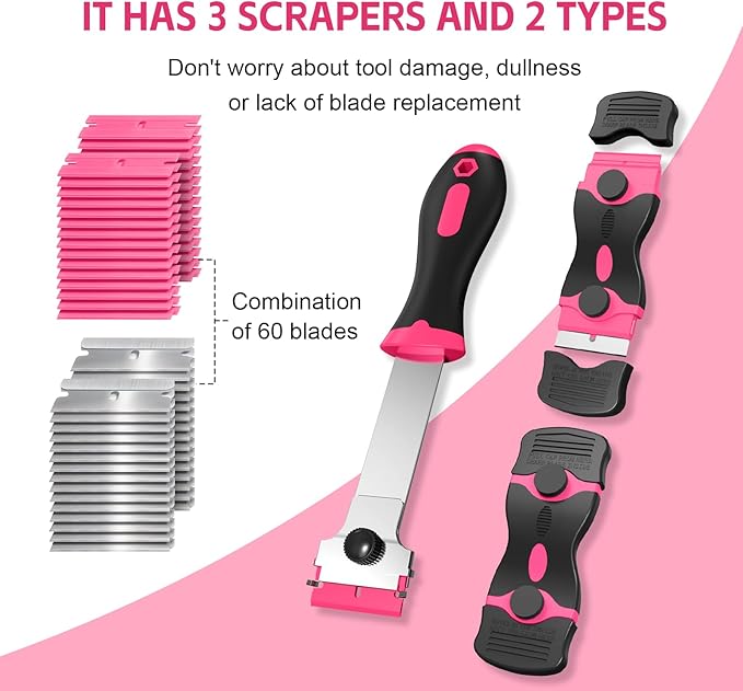 Ywmoml 3 Pack Razor Blade Scraper Set, Includes 30 Plastic & 30 Metal Blades, Multi-Purpose Tool for Glass, Cooktop, Sticker Removal, Paint & Gum Cleaning (Pink)