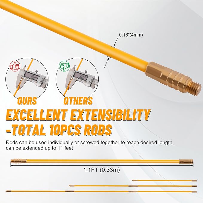 KOOTANS 11FT Fiberglass Running Electrical Wire Cable Glow Rods Wire Pulling Tools Fish Tape Cable Puller Through Wall Snake Fish Rods Kit with Different Attachments