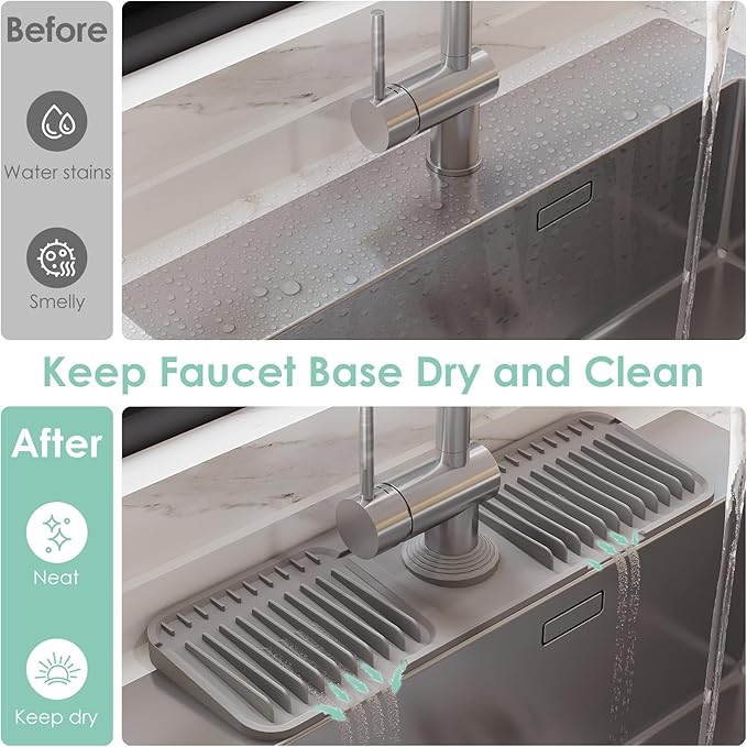 24 Inch Silicone Faucet Mat for Kitchen Sink Splash Guard - 7° Slope Water Draining Mat With Fasten Button for Bathroom Area (Gray, 17.7''x5.5'')