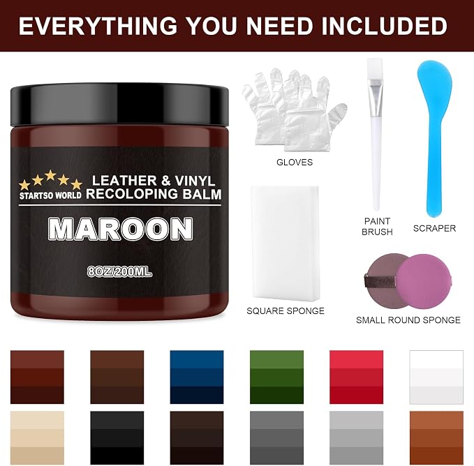 STARTSO WORLD Leather Recoloring Balm, Maroon Leather Repair Kit for Furniture, Leather Dye, Leather Color Restorer for Couches, Leather Couch Paint | Repair, Restore & Renew Old, Faded Leather