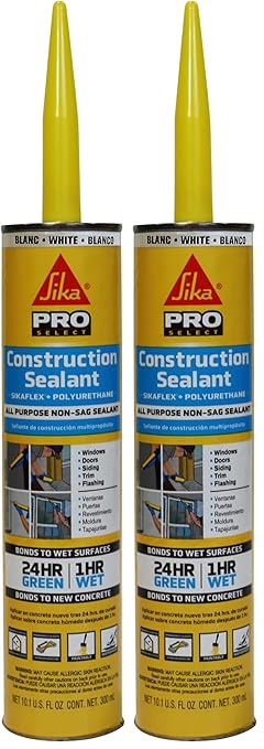 SIKA Sikaflex Construction Sealant - White, All-Purpose Polyurethane for Joints 1/2" or Smaller - 10.1 fl. oz - Weatherproof, High Elasticity, Paintable, Strong Adhesion, (Pack of 2)