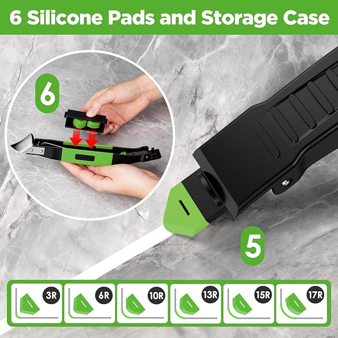 6 in 1 Silicone Caulking Tool Kit with Caulk Grout Remover Tool Sealant Finishing & Smoothing Tool, Grout Scraper, 6 Reusable Pads and Adhesive Residue Scraper for Kitchen Bathroom Tile Sink (Green)