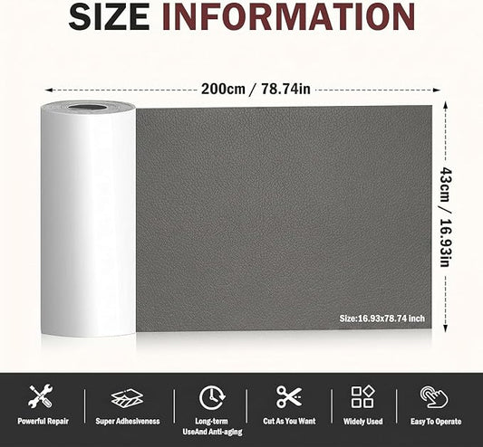 Leather Repair Patch, 17 x 79 Inch, Self Adhesive Leather Repair Tape, Large Vinyl Patch Kit, Vinyl Repair Tape, for Couches, Car Seats, Chairs, Furniture (Dark Grey)