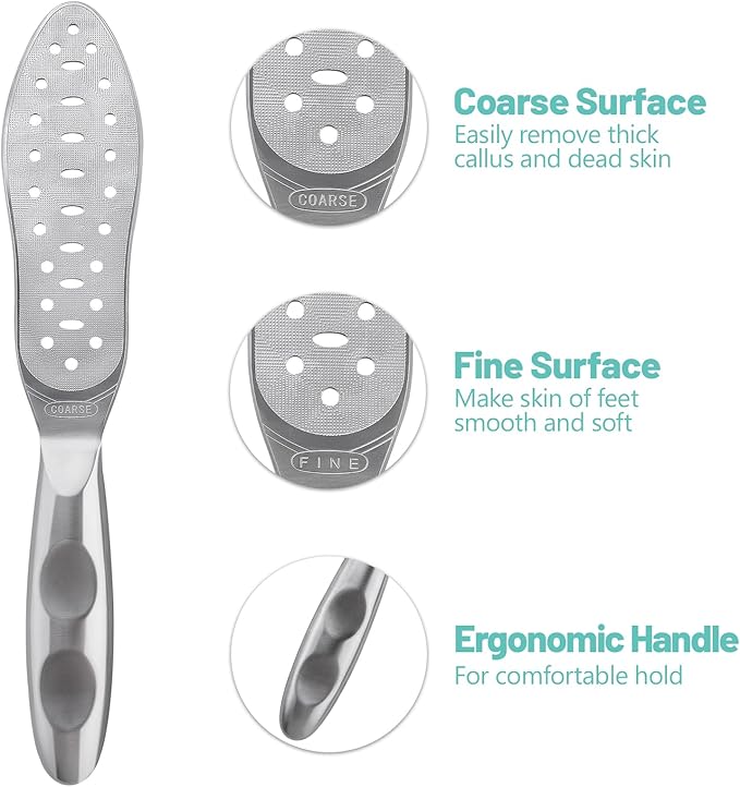 Foot File Callus Remover Stainless Steel Double Sided Foot Scraper, Foot Rasp for Dry and Wet Skin, Pedicure Tool for Feet Hard Skin and Cracked Heels