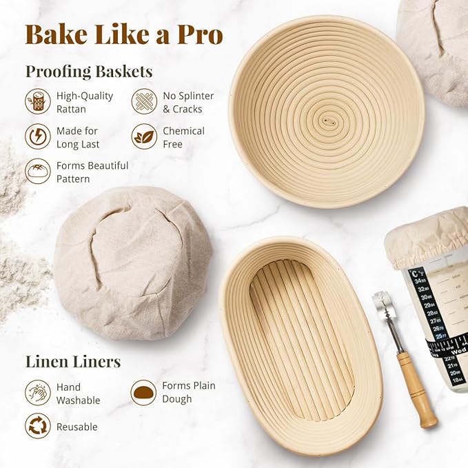 Sourdough Starter Kit, Banneton Bread Proofing Baskets Set, Sourdough Bread Baking Supplies Making Tools with Dough Scraper, Whisk, Bread Lame, Recipe