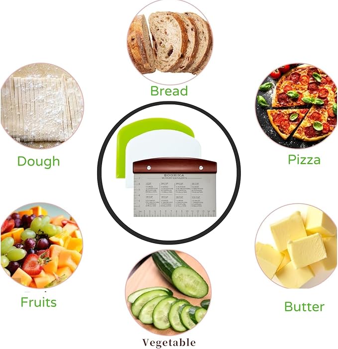 BOORIKA Dough Scraper & Bench Scraper Kitchen – Stainless Steel Sourdough Tools – Dough Cutter for Sourdough Bread, Pizza, and Flat Top Griddles – Chef Approved (Dark)