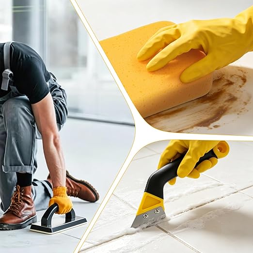 9 Pcs Grout Float Sets Include 9.5 x 4 Inch Molded Rubber Grout Float, 4 Sponge, Angled Tile Saw with 3 Blades Replacement, Removal Tool for Masonry Stucco Drywall Concrete(Yellow)