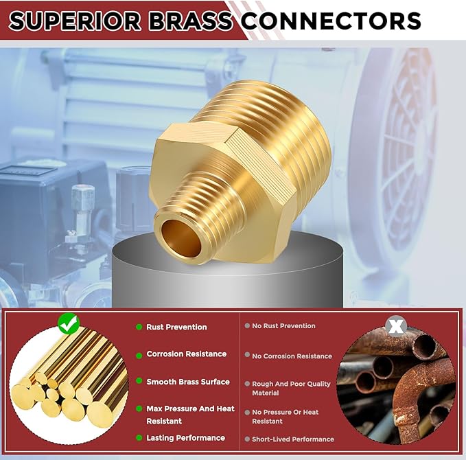 Pack of 2, 3/4" NPT Male to 1/4" NPT Male Solid Brass Hex Nipple Hose Connectors, Male Pipe Adapter for Pipe Leak Repair, Bathroom Remodeling, Tool Extensions, Compression