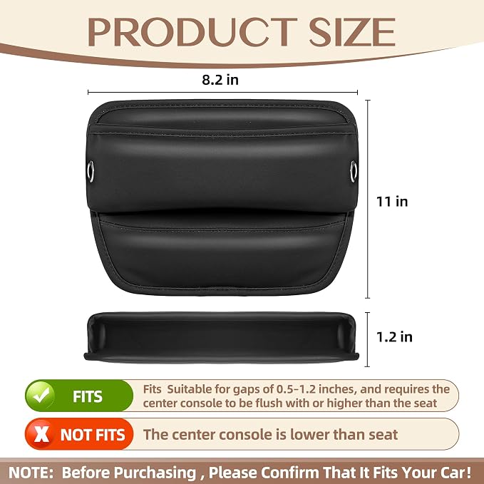 Car Seat Gap Filler with Cable Holes PU Leather Black 1-Pack | Car seat gap filler for 0.5 to 1.2 inch gaps with cable routing holes anti slip padded base phone wallet keys PU leather