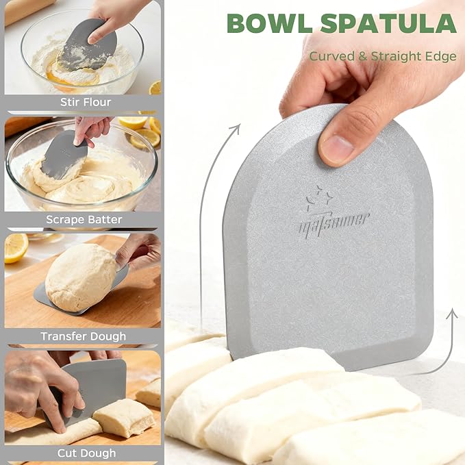 Bowl Scraper Dough Scraper Tool - Set of 2 Silicone Bench Scraper for Baking, Kitchen Pastry Scraper for Bread, Cake, Batter, cheese, Cream, Honey, Jam, Food Scraper with Curved Edge, Green & Grey