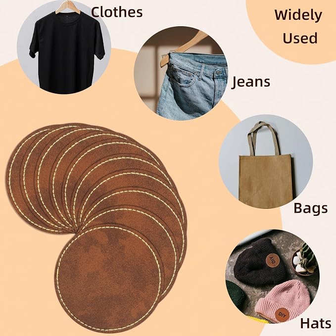 40 Pcs Blank Leather Hat Patches for Laser Engraving Iron On Heat Press 2.56 Inches Round Brown