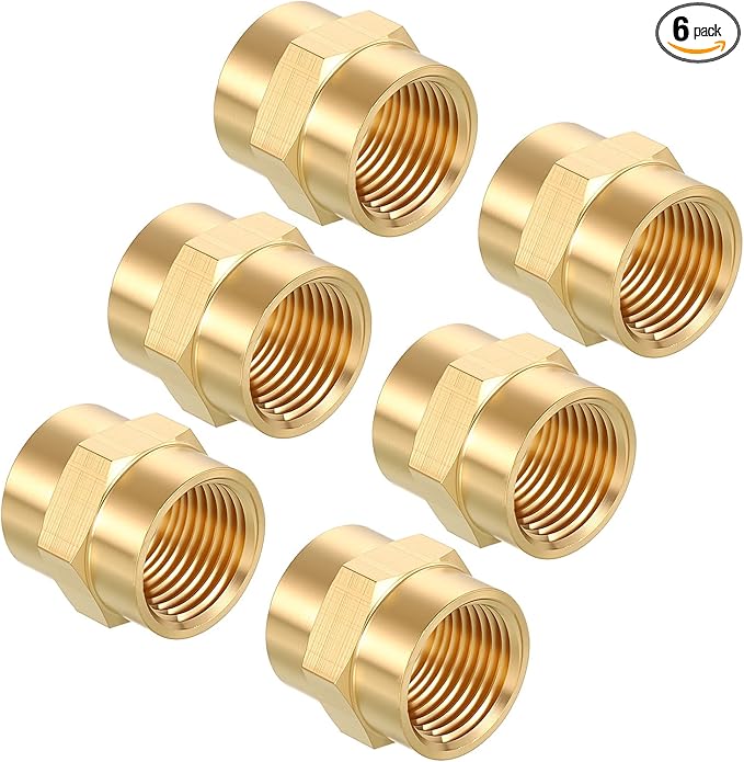 Pack of 6, 1/2" NPT FeMale to 1/2" NPT FeMale Solid Brass Pipe Fitting Coupler, Brass Coupling Hose Fittings Adapter for Pipe Leak Repair, Bathroom Remodeling, Tool Extensions