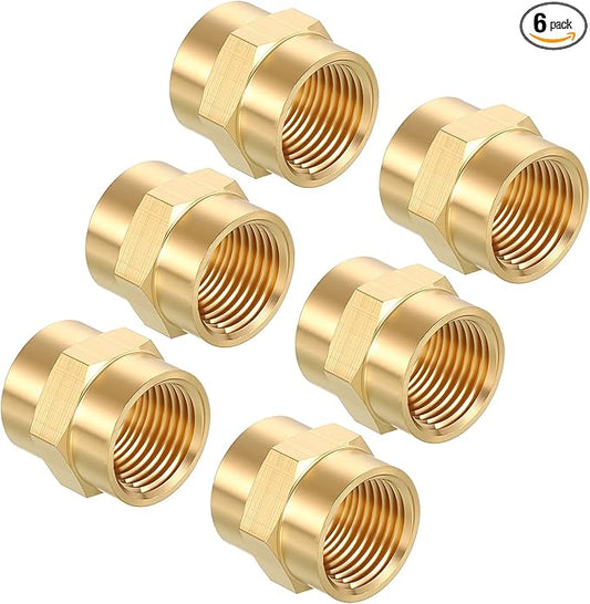 Pack of 6, 1/2" NPT FeMale to 1/2" NPT FeMale Solid Brass Pipe Fitting Coupler, Brass Coupling Hose Fittings Adapter for Pipe Leak Repair, Bathroom Remodeling, Tool Extensions