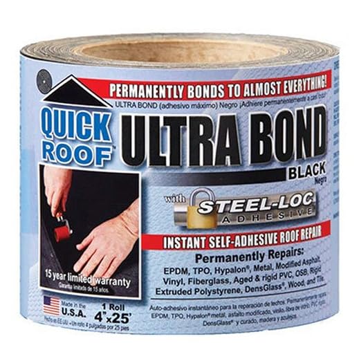 cofair products inc ubb425 Quick Roof, 4 -Inch x 25 -Feet, Black Ultra Bond, With Steel-Loc Adhesive, Instant Self-Adhesive Roof Repair
