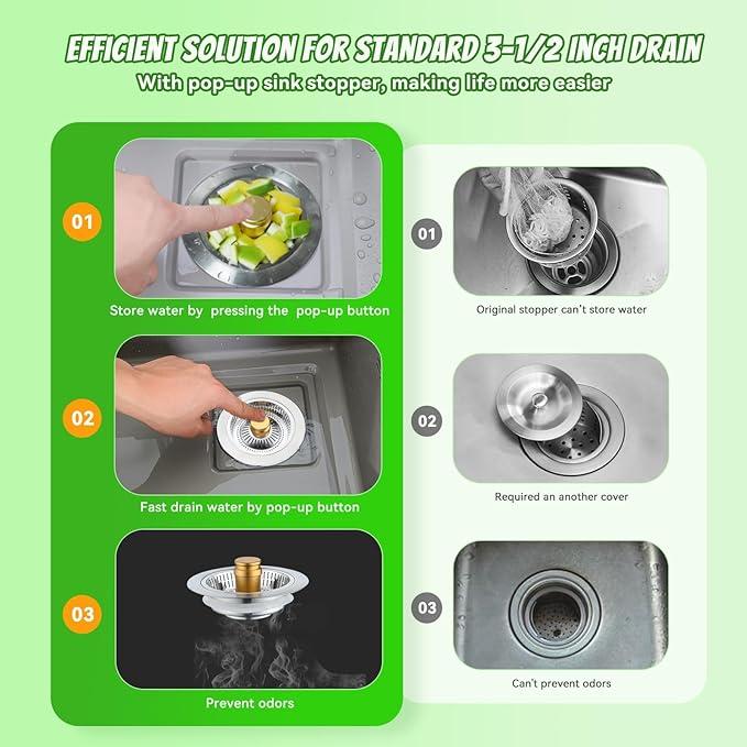 Kitchen Sink Drain Strainer, Pop-up Sink Stoppers, 3 in 1 Sink Drain Strainer, Upgraded Larger Sink Strainer Filter Basket, Cleaning Brush for US Sink Standard 3-1/2 Inch Drain Strainers