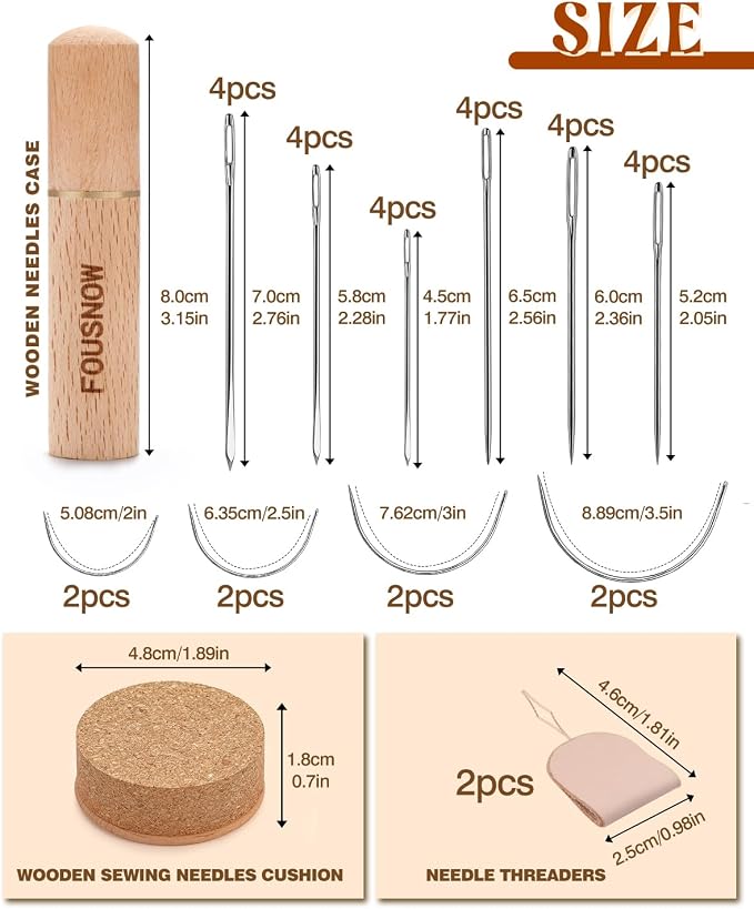 FOUSNOW 36 Pcs Heavy Duty Sewing Needles Kit, Curved Sewing Needles for Hand Sewing, Leather Sewing Needles with Wooden Sewing Needles Cushion, Needle Case for Leather Upholstery Repair Sewing