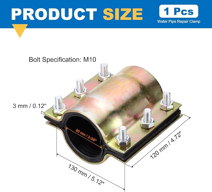 Water Pipe Repair Clamp, 4.72 Inch Length, 2-3/8 Inch ID Carbon Steel Leak Sealer Clamp, Leak Stoppers Pipe Repair Kit for 60mm OD PE PVC PPR Steel Iron Pipes
