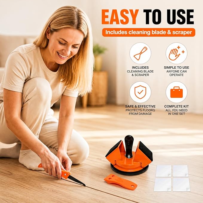 Floor Gap Repair Tool Kit for Laminate & Vinyl Flooring – Heavy Duty Suction Cup Floor Gap Fixer with 45° Striking Surface, Slot Cutter, Cleaning Scraper & 6 Sticky Pads for Easy Floor Repair