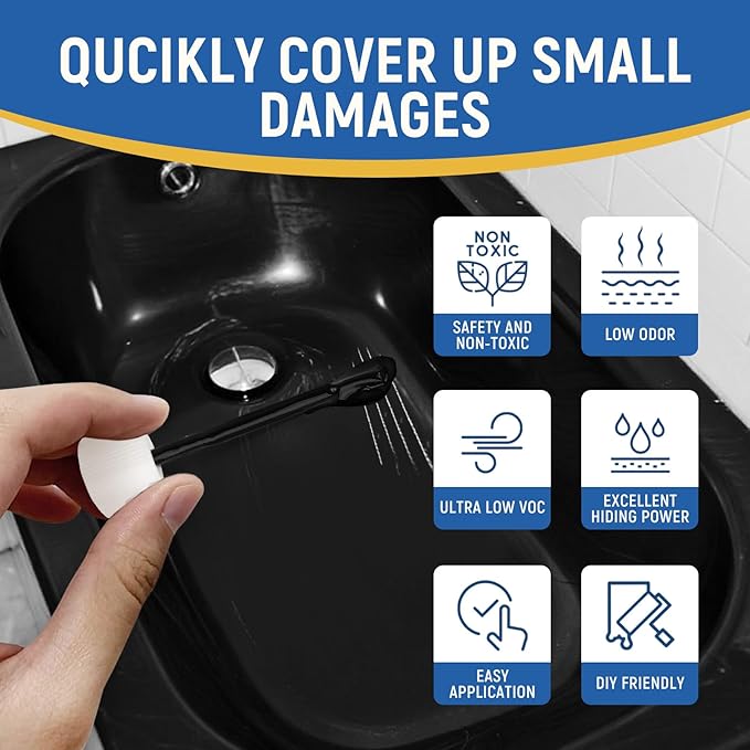 Tub Tile Gloss Black Paint Touch Up Paint Kit for Bathtub Porcelain Repair Scratches Cracks Chips on Porcelain Acrylic Enamel Cast Iron Tiles Sinks Toilets Black