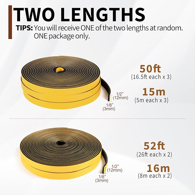Yotache Foam Weather Stripping Seal Tape 1/2" W X 1/8" T for Doors and Windows Gasket Insulation Soundproofing, 50 Ft Length