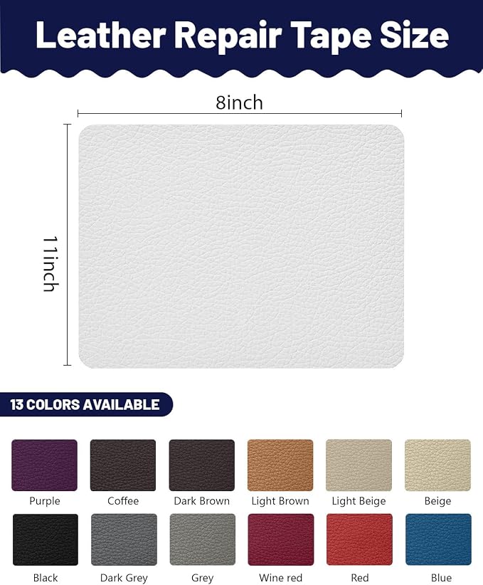 BOUYEER Leather Repair Patch Tape Kit,Self Adhesive Leather Repair for Sofa，Car Seat,Office Chair,Furniture,Jacket,Waterproof Strong Adhesive Vinyl Repair Kit. 8 in x 11 in,White
