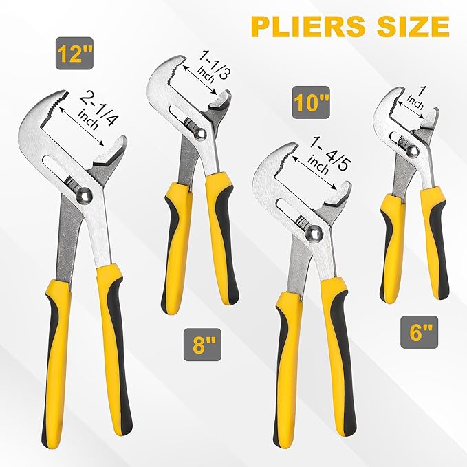 TOPLINE 4-Piece Groove Joint Pliers Set with Bi-Material Handles, 12-in, 10-in, 8-in and 6-in Included, Tongue and Groove Pliers Set for Plumbing Repair and Home Maintenance, Rolling Pouch Included