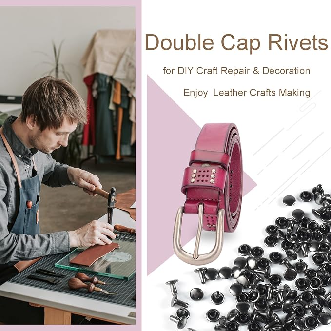 200Sets 6mm Round Double Caps Rivets, Leather Rivets Metal Tubular Studs for Bags Hats Shoes Clothing Leather DIY Craft Repair and Decoration (Gun Black)