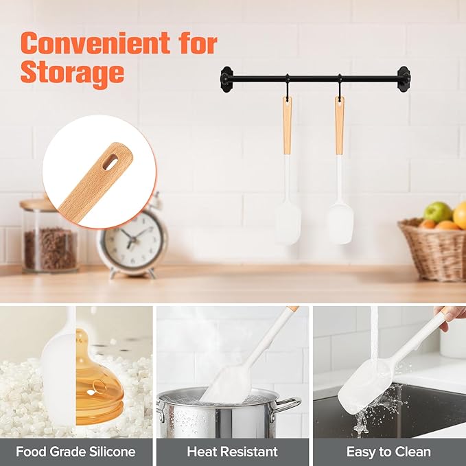 Large Silicone Spatula Scrapers with Long Wood Handle,Heat Resistant,Durable, Essential Baking Tools for Mixing, Folding, Scraping,Spreading for Nonstick Cookwares,Pack of 2 (White)
