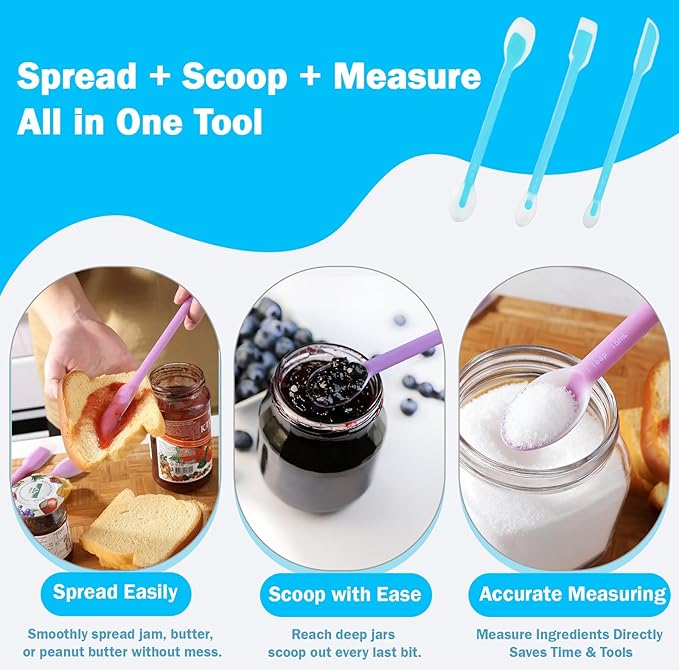 Long Handle Jar Scraper & Dual-Ended Silicone Spatula Spoon Set of 3 – Peanut Butter Spatula with Measuring Scale (1 Tbsp, 1 Tsp, 1/2 Tsp) for Deep Jars, Jam, Mayo, Blender Cups (blue)
